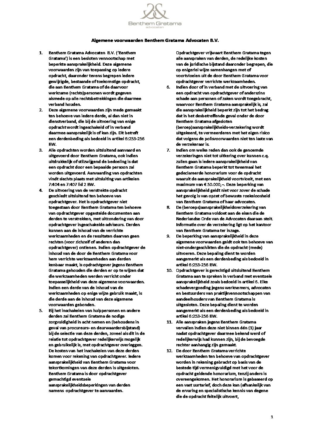 Algemene voorwaarden Benthem Gratama Advocaten B.V. september 2017