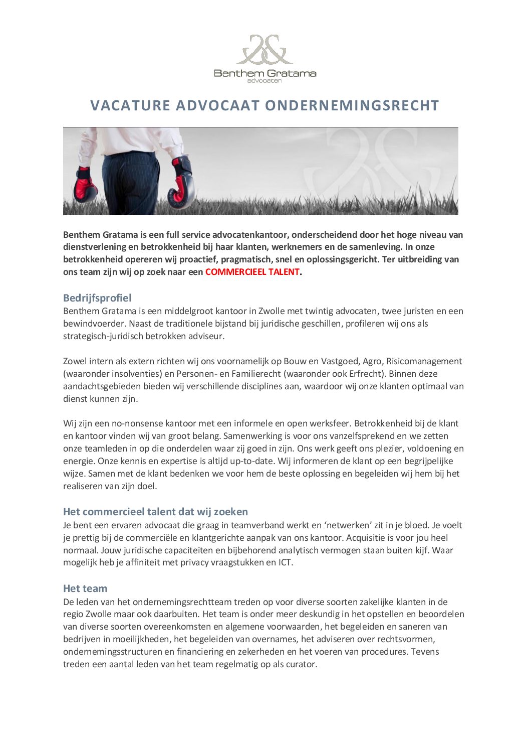 Vacature advocaat ondernemingsrecht – Benthem Gratama 2017