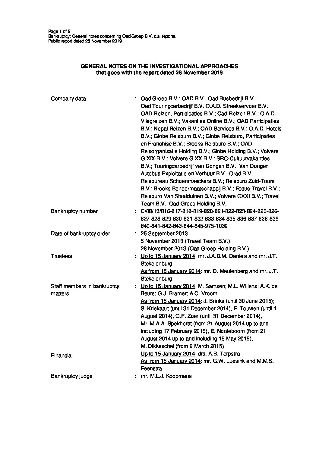 Algemene toelichting bij verslag nr. 13 Engels – 28 november 2019