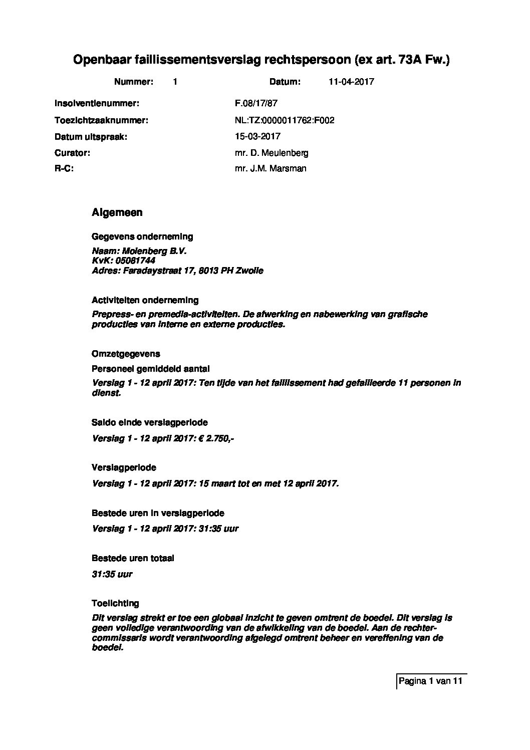 Molenberg BV – verslag 001