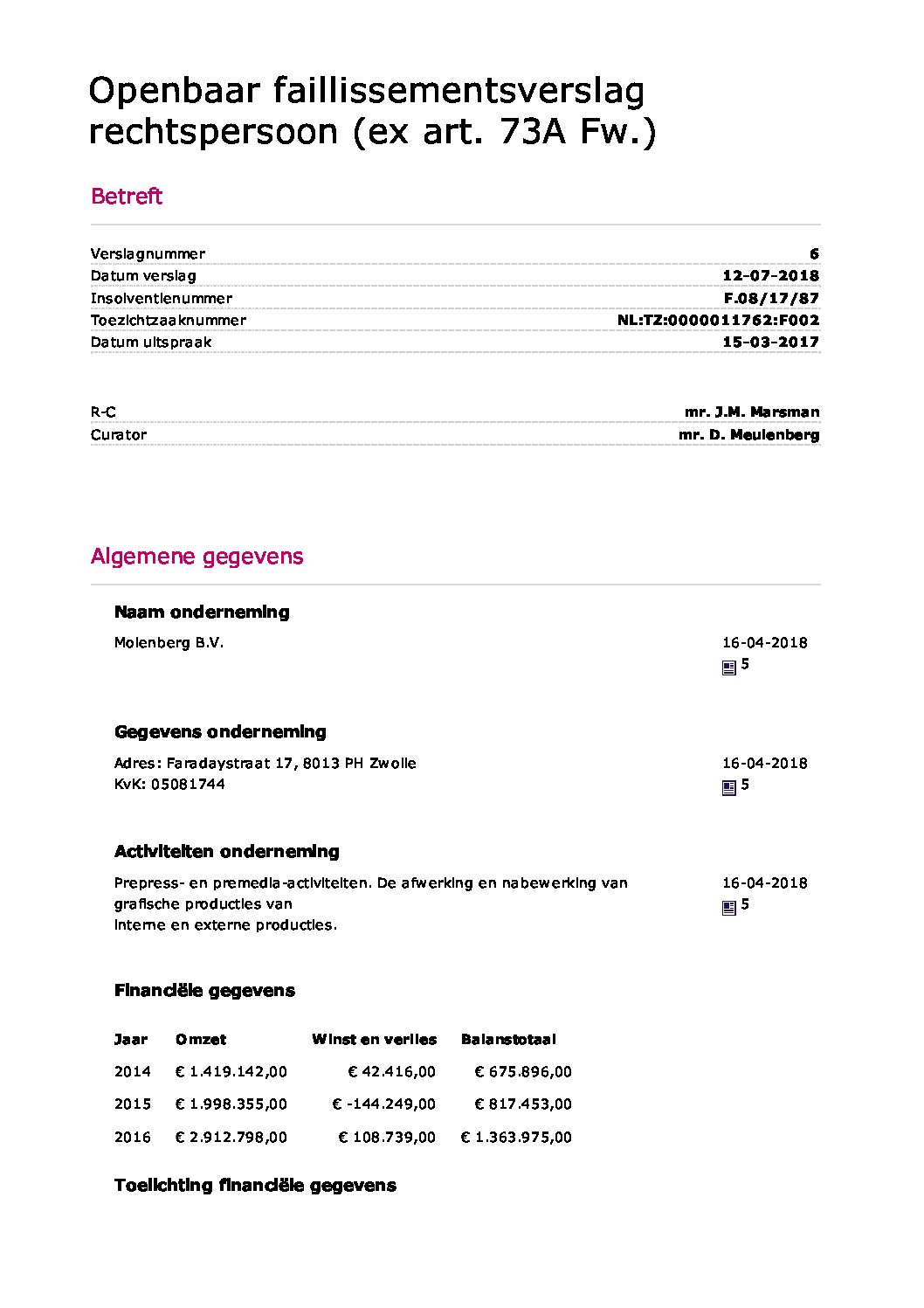Molenberg BV – verslag 6