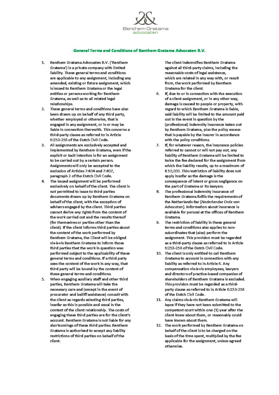 General Terms and Conditions of Benthem Gratama Advocaten B.V (EN)